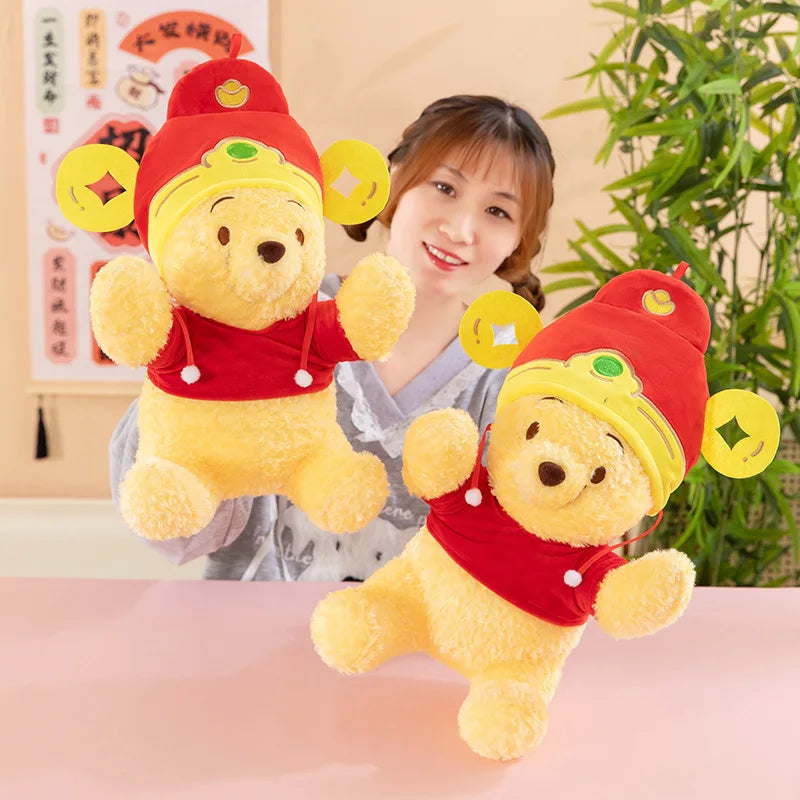 New Disney Cute Winnie The Pooh Plush Toy Cartoon God of Wealth Pooh Bear Soft Stuffed Dolls Room Decoration Holiday Xmas Gift